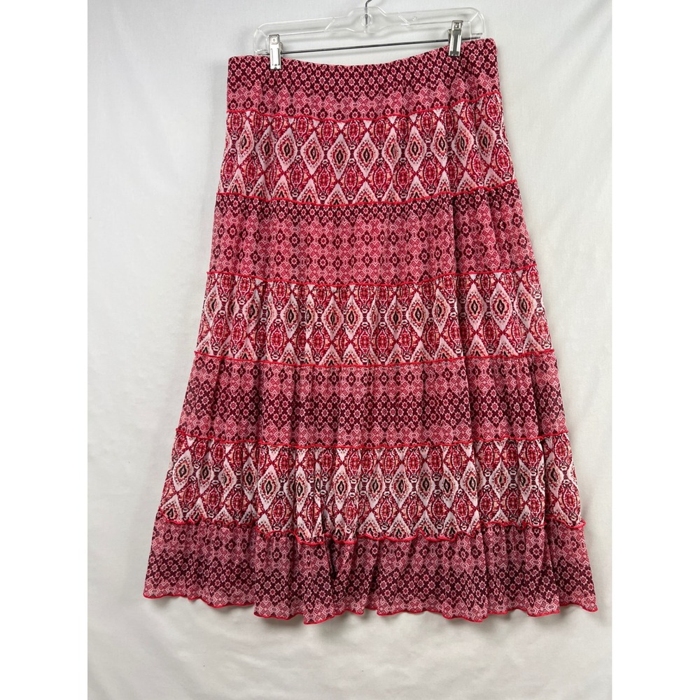 Dana Buchman Tiered Maxi Skirt Womens L Pink Red Geometric Boho Chiffon Lined